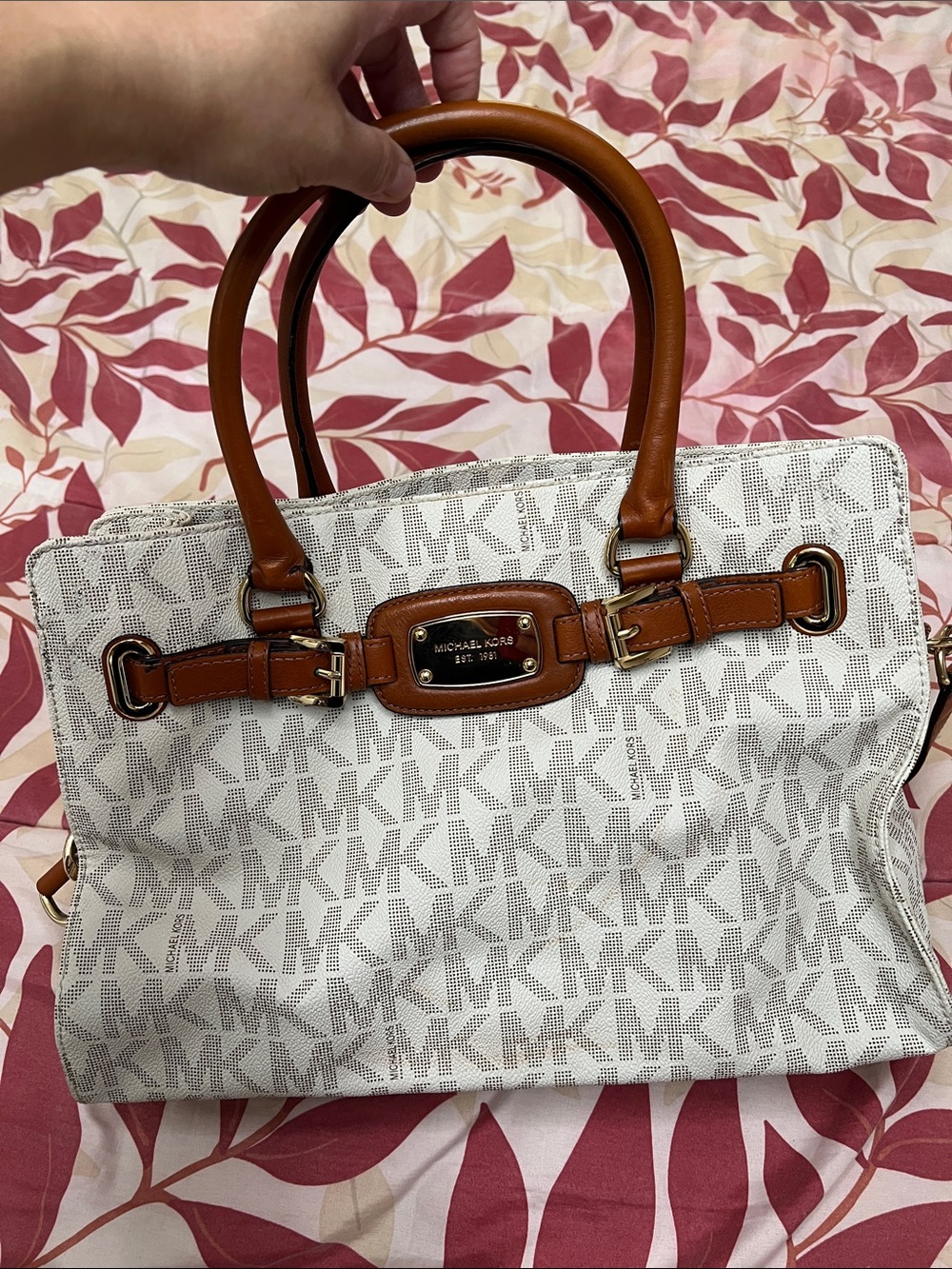 Michael Kors White Canvas Logo Tote with Brown Leather Trim